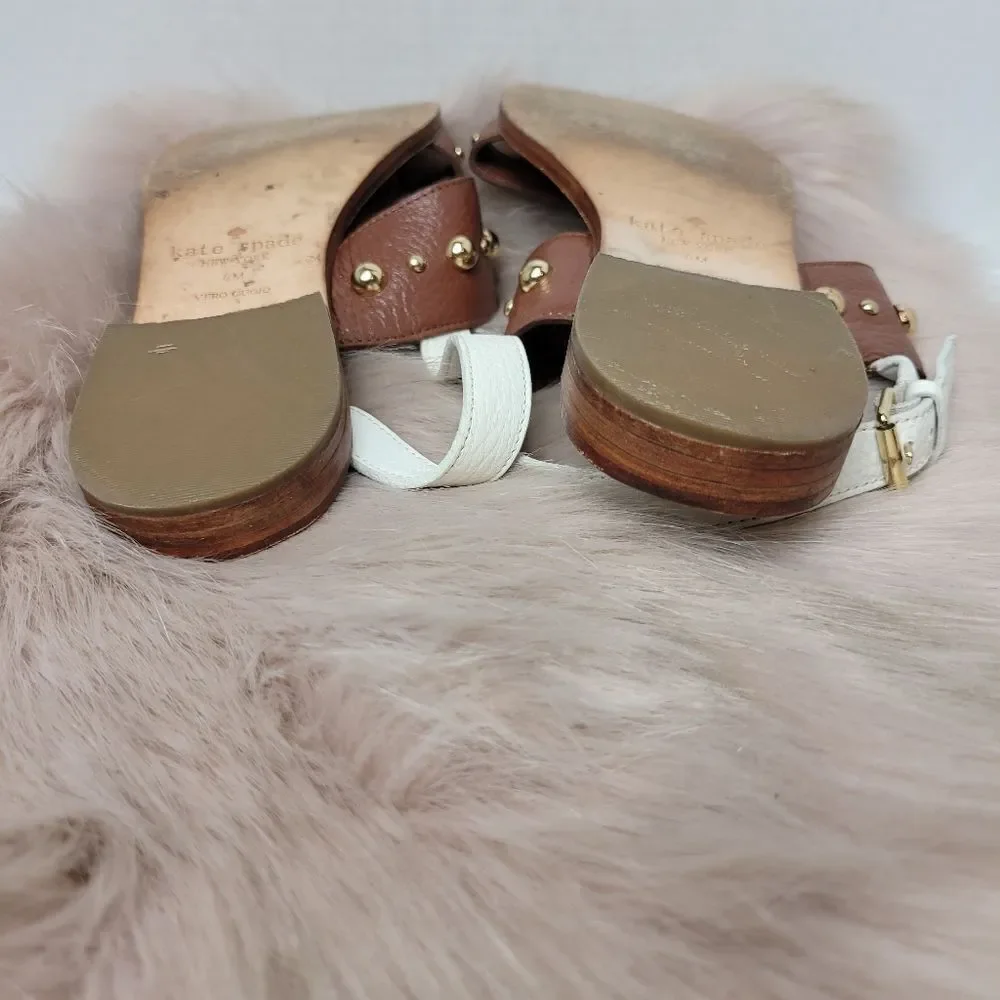 Kate Spade Stillwell White Brown  Leather Studded Sandals Shoes Size 8